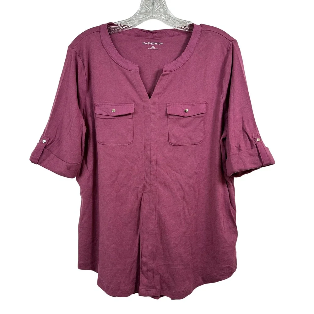Croft & Barrow Womens XL Pink Cotton Split Neck Roll Tab Sleeve Pocket Top